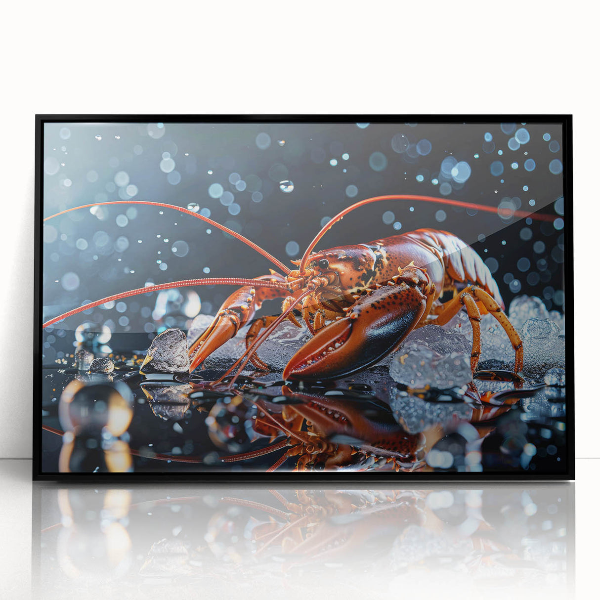 Framed acrylic wall art showcasing a detailed lobster design in vibrant colors against a black background, perfect for marine life enthusiasts and coastal decor.