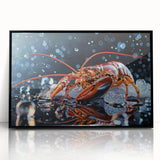 Framed acrylic wall art showcasing a detailed lobster design in vibrant colors against a black background, perfect for marine life enthusiasts and coastal decor.