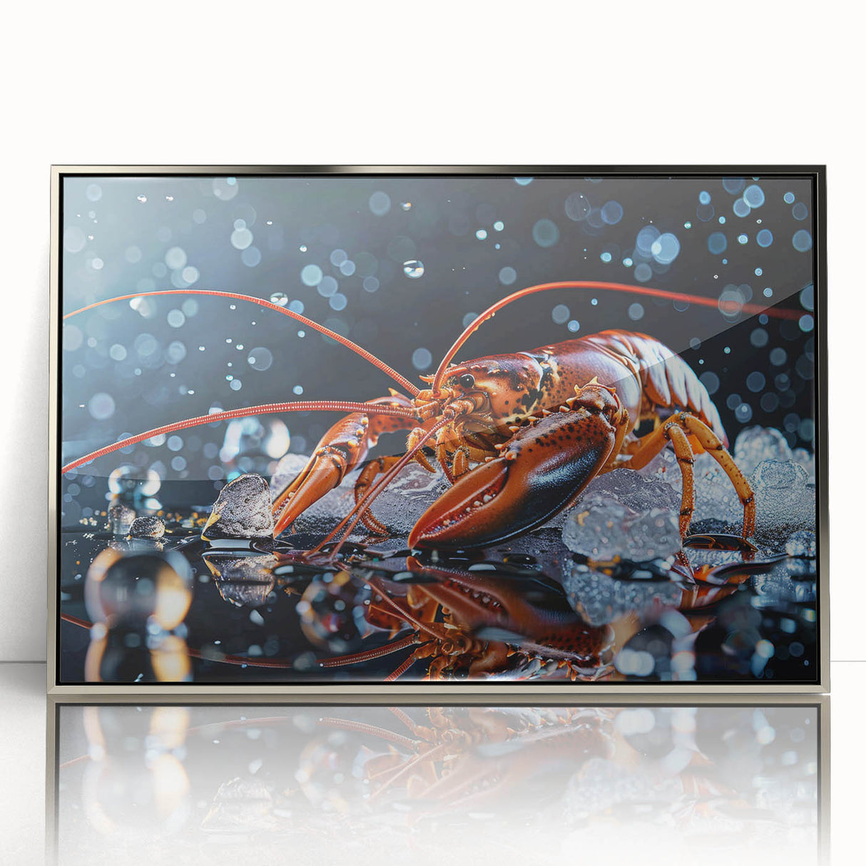 Framed acrylic wall art featuring a detailed marine life lobster design, set in a sleek silver frame, perfect for coastal-themed home decor.