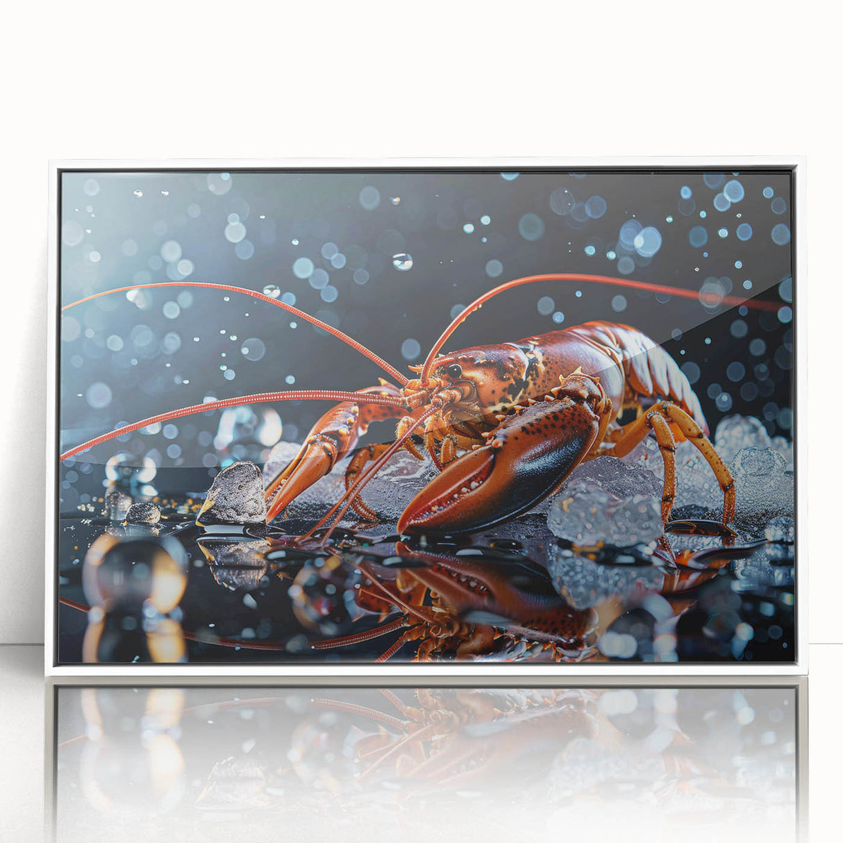 Framed wall art featuring a vibrant lobster design, set against a white background, showcasing intricate details and colors, perfect for marine life decor enthusiasts.