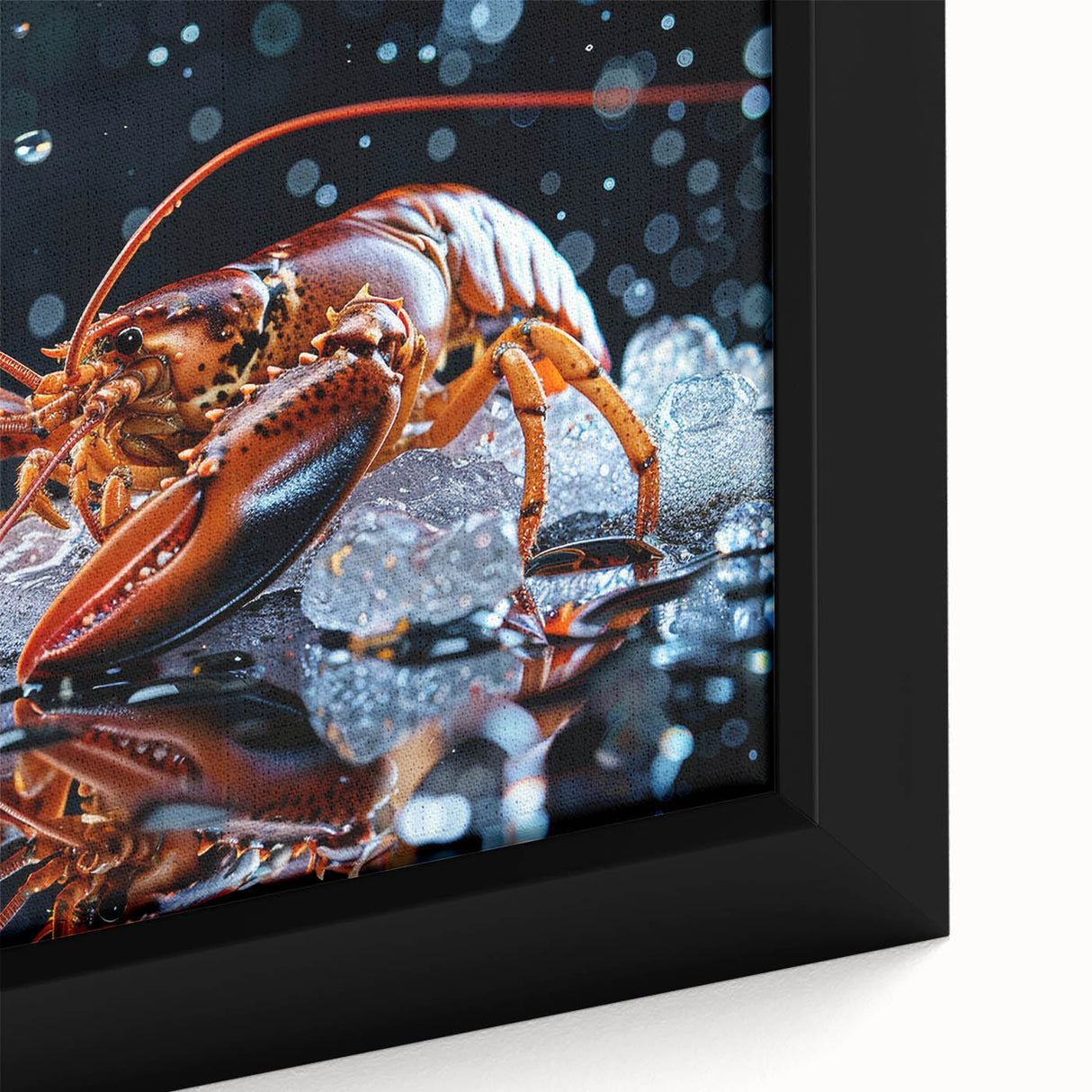 Close-up of a vibrant lobster wall art canvas, showcasing intricate details and colors, framed elegantly to enhance any marine-themed decor. Perfect for ocean lovers.