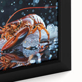 Close-up of a vibrant lobster wall art canvas, showcasing intricate details and colors, framed elegantly to enhance any marine-themed decor. Perfect for ocean lovers.