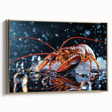 Framed canvas wall art showcasing a vibrant lobster design with intricate marine life details, featuring a gold frame and side view for elegant display.