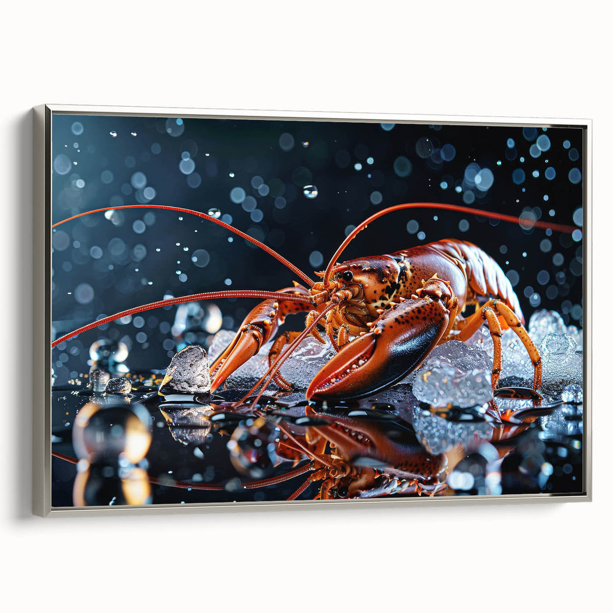 Framed wall art featuring a vibrant lobster design in a silver frame, showcasing intricate marine life details with a side view perspective, perfect for ocean-themed decor.