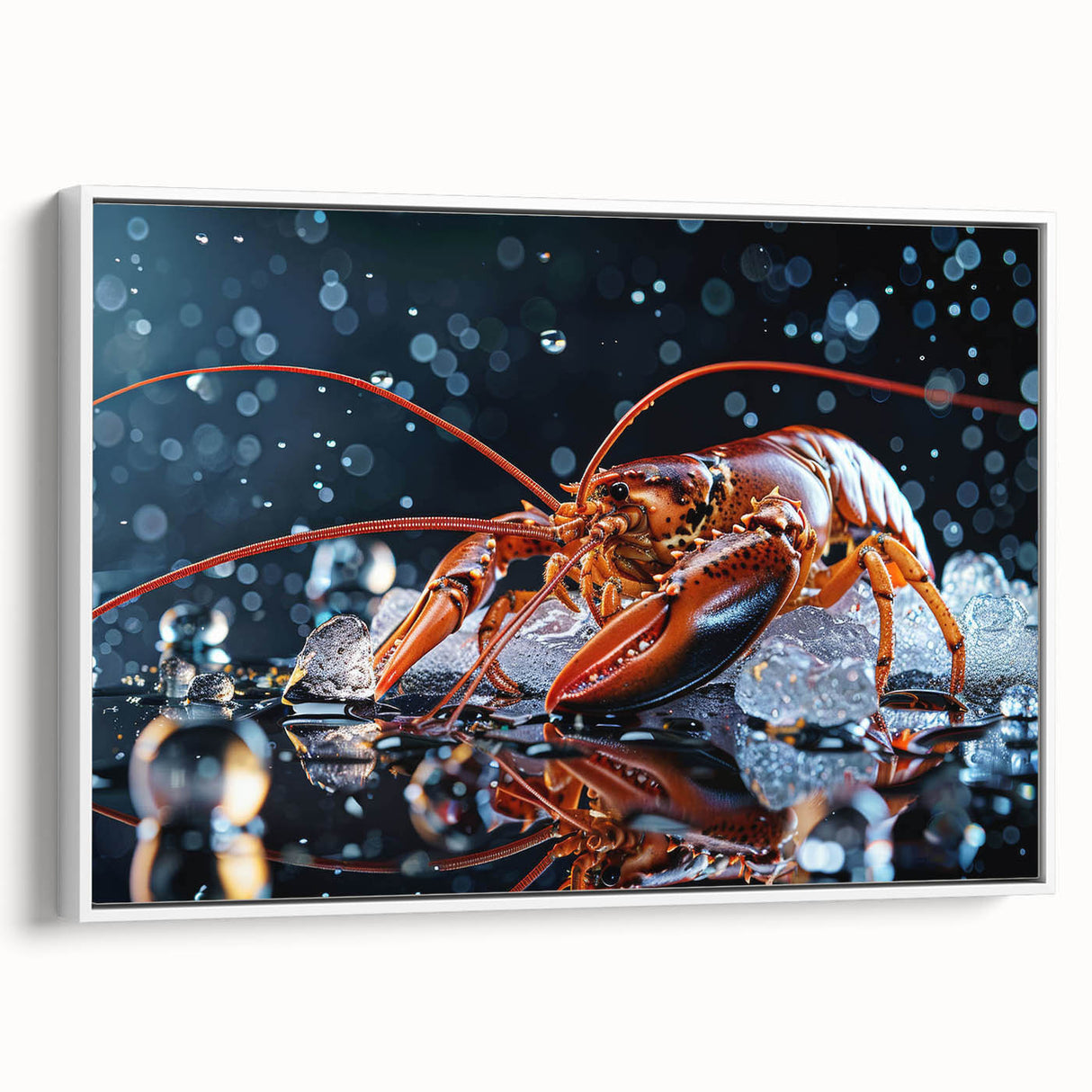 Framed canvas wall art featuring a detailed lobster design in vibrant colors, set against a white background, showcasing marine life aesthetics. Perfect for coastal decor.
