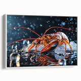 Framed canvas wall art featuring a detailed lobster design in vibrant colors, set against a white background, showcasing marine life aesthetics. Perfect for coastal decor.