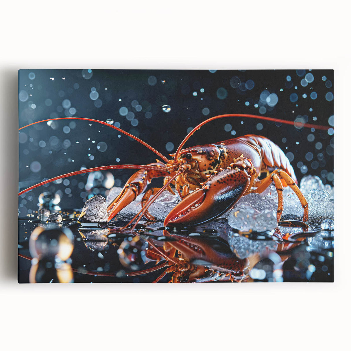Vibrant stretched canvas wall art featuring a detailed lobster design, showcasing rich colors and intricate textures, perfect for marine life enthusiasts.