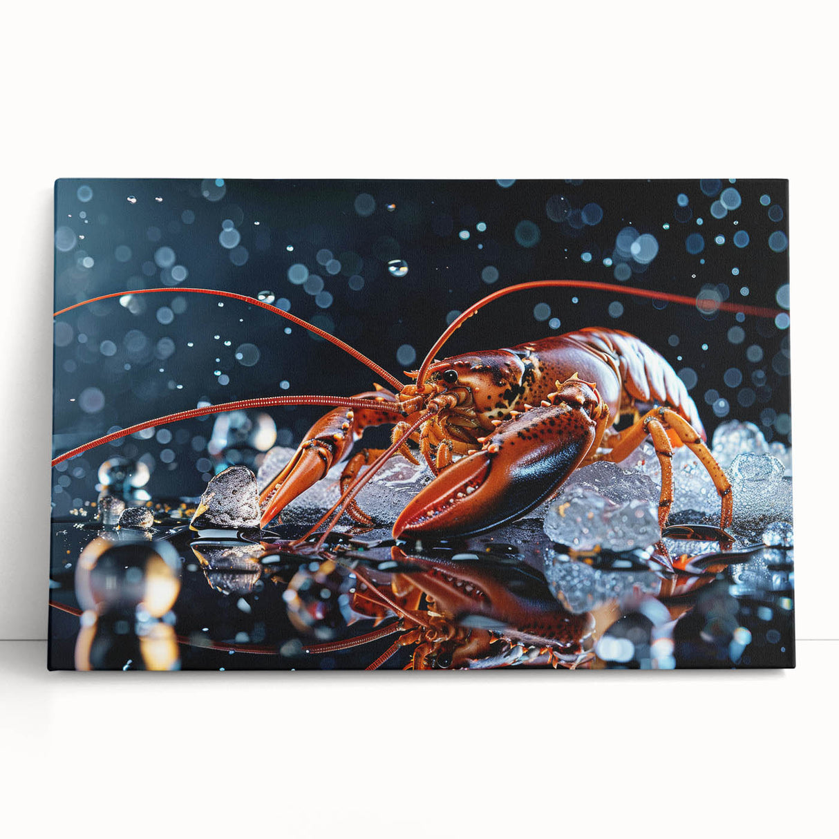 Vibrant stretched canvas wall art featuring a detailed lobster design, showcasing rich colors and intricate textures, perfect for marine-themed decor.