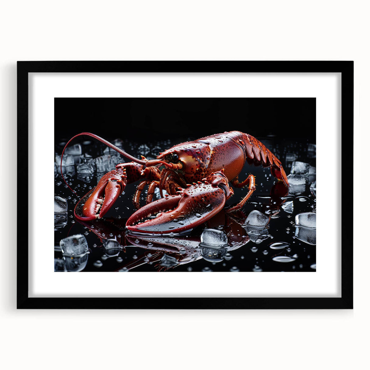 Elegant black-framed wall art showcasing a detailed lobster marine life design, perfect for coastal decor, enhancing any living space with oceanic charm.