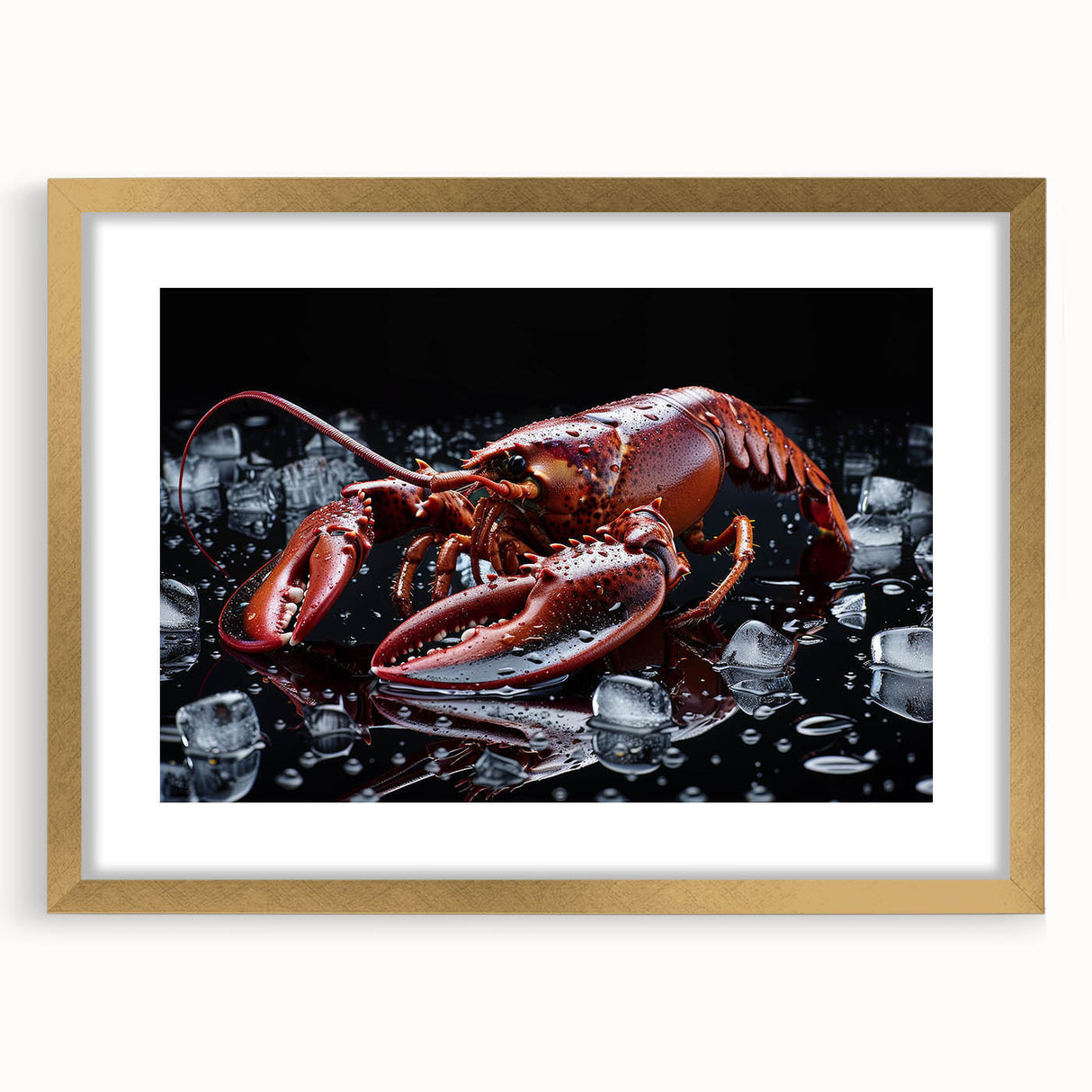 Lobster-themed wall art in a gold frame with a mat, showcasing intricate marine life design. Ideal for coastal decor enthusiasts, enhancing home aesthetics.