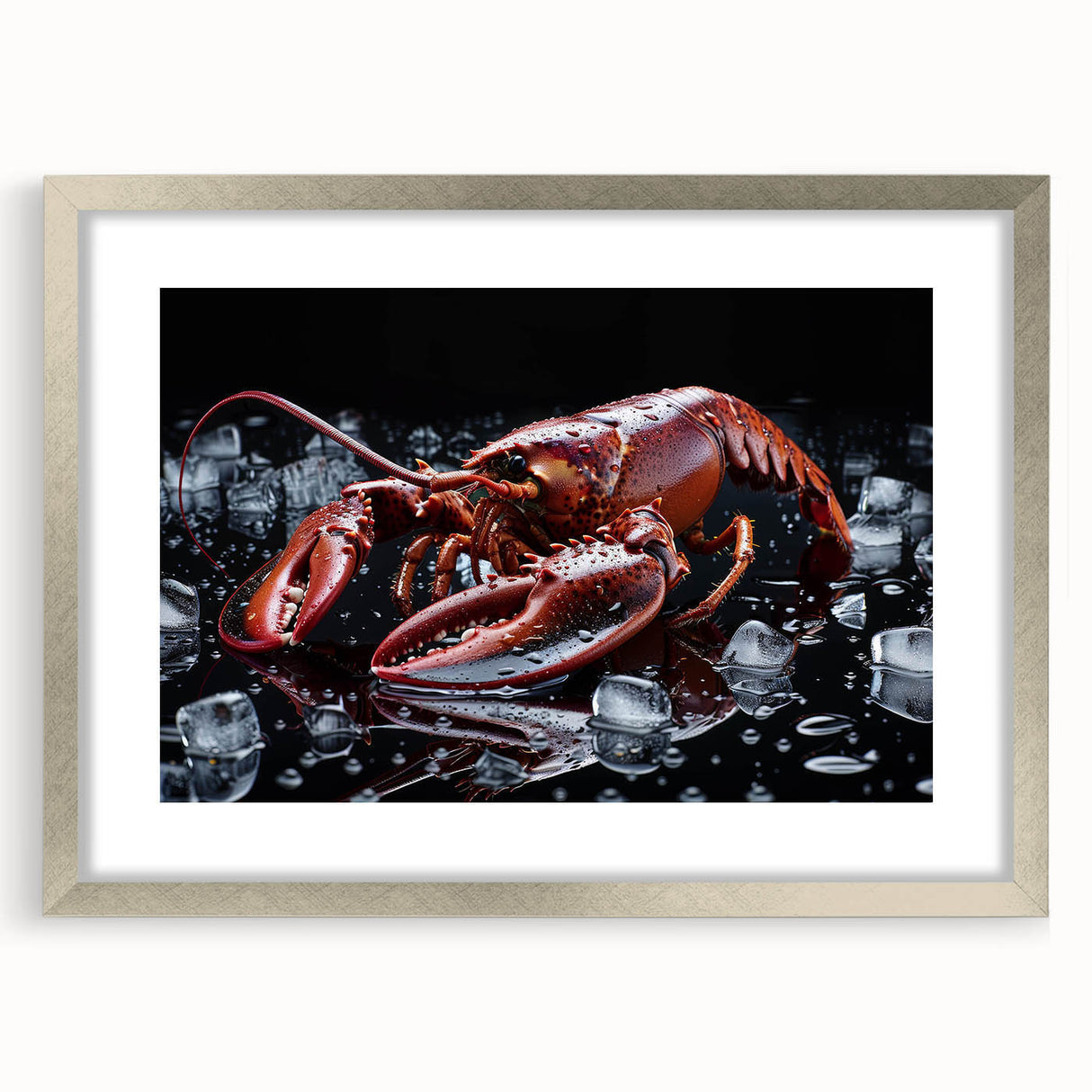 Framed silver wall art featuring a detailed lobster design, showcasing vibrant marine life, perfect for nautical-themed decor or seafood enthusiasts.