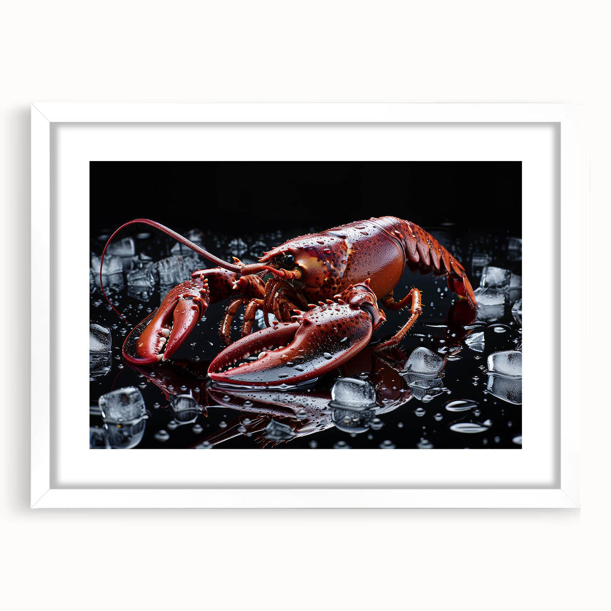 Lobster-themed wall art print featuring vibrant marine life design, framed with a white mat, perfect for coastal home décor, highlighting oceanic beauty.