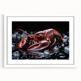 Lobster-themed wall art print featuring vibrant marine life design, framed with a white mat, perfect for coastal home décor, highlighting oceanic beauty.