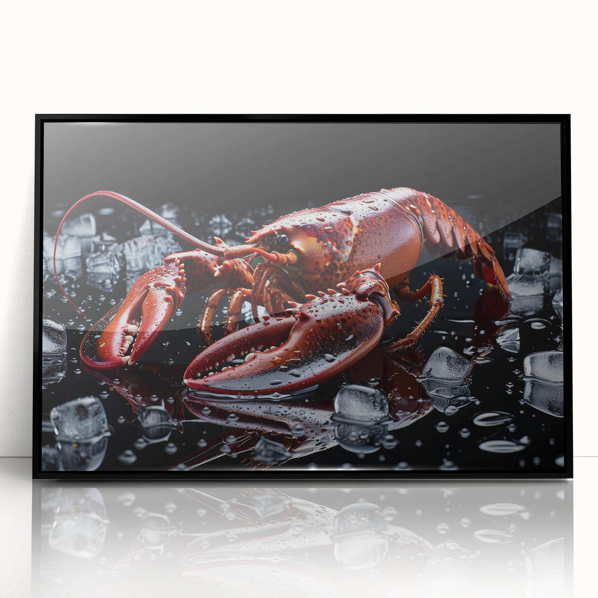 Framed wall art showcasing a vibrant aquatic scene featuring a detailed lobster design, presented in a sleek black frame, perfect for marine life enthusiasts.