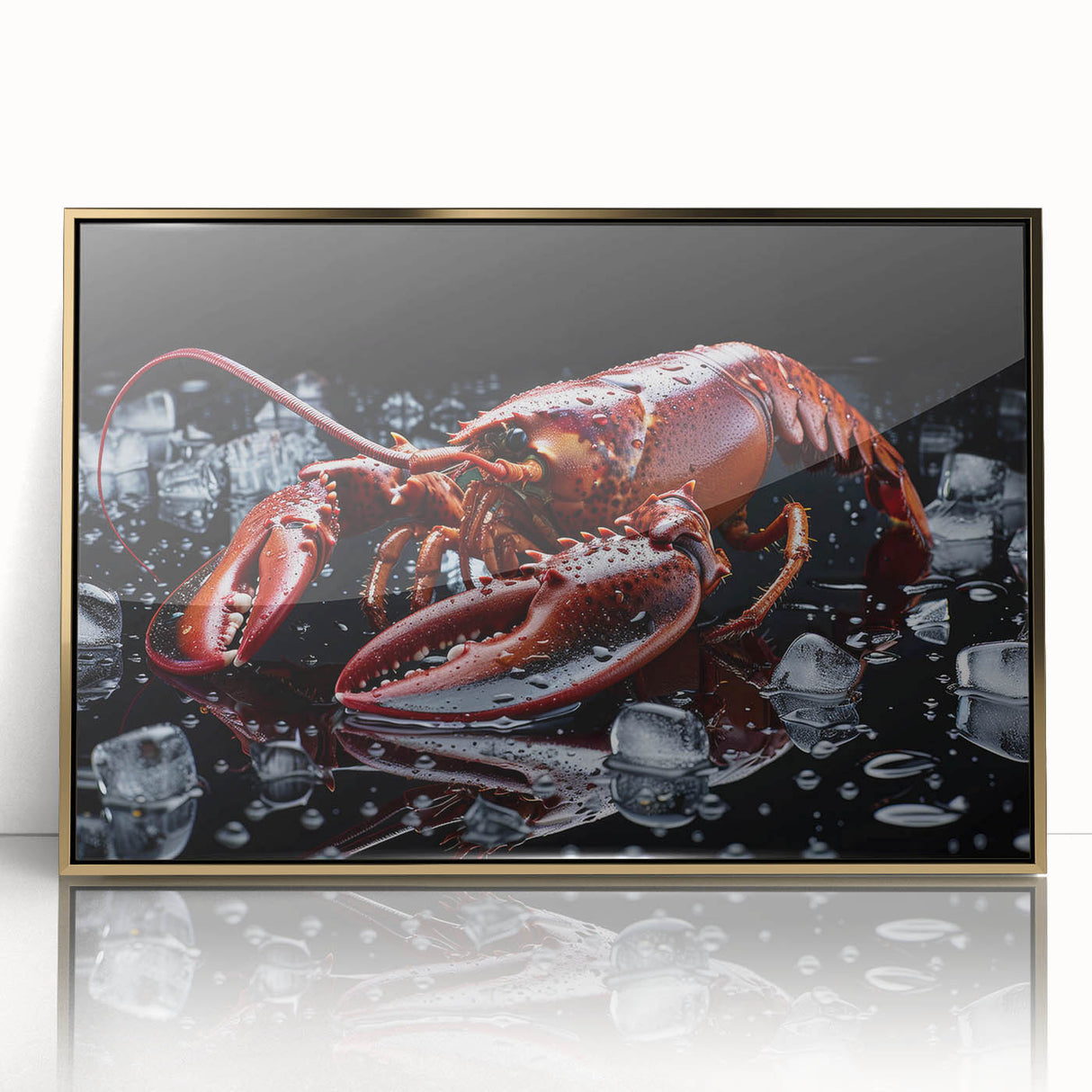 Framed wall art featuring a vibrant lobster design in a marine life theme, set in an elegant gold frame, perfect for adding a nautical touch to home decor.