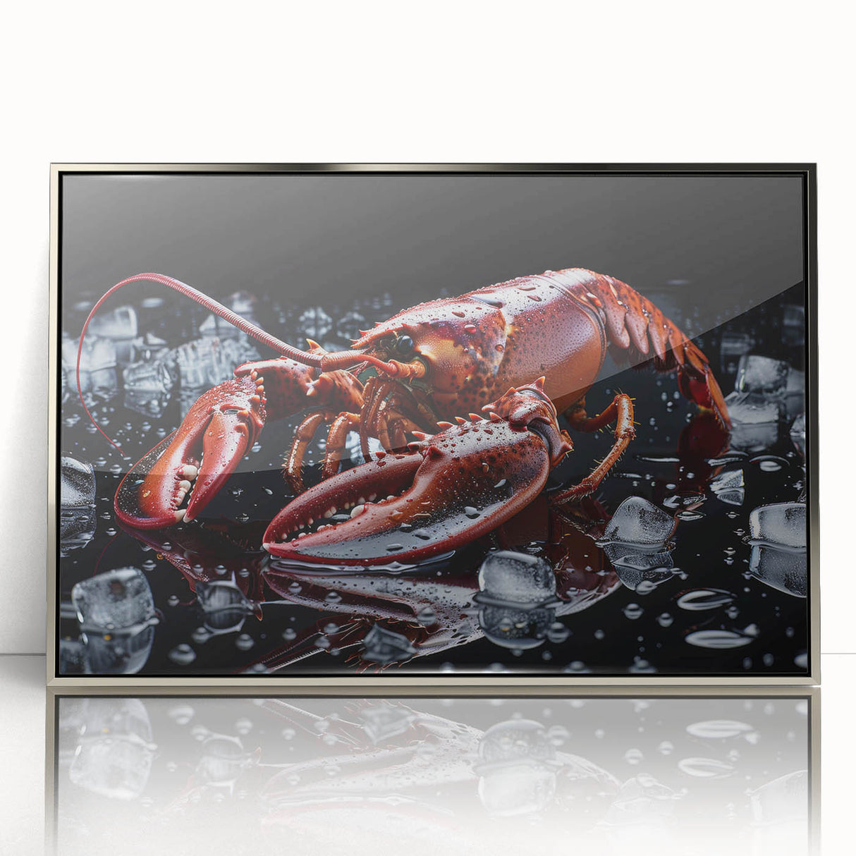 Framed wall art featuring a detailed lobster design, set in a sleek silver frame, showcasing vibrant colors and intricate marine life details, perfect for ocean-themed decor.