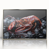 Framed wall art featuring a detailed lobster design, set in a sleek silver frame, showcasing vibrant colors and intricate marine life details, perfect for ocean-themed decor.