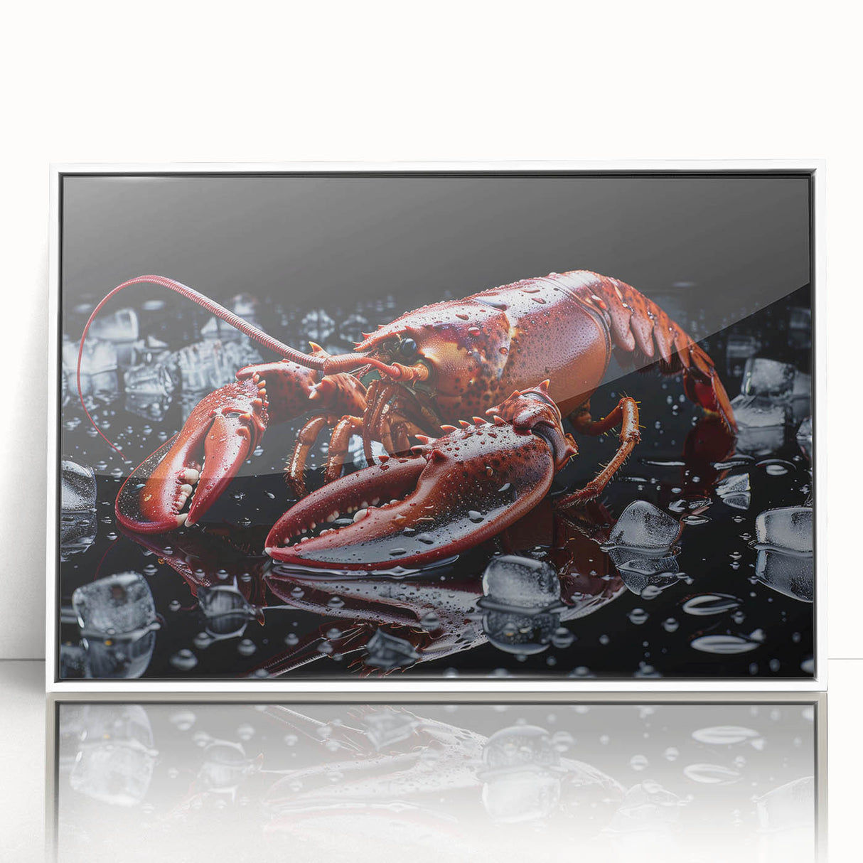 Framed acrylic wall art featuring a vibrant lobster design, showcasing intricate details and bold colors against a clean white background, perfect for marine life enthusiasts.