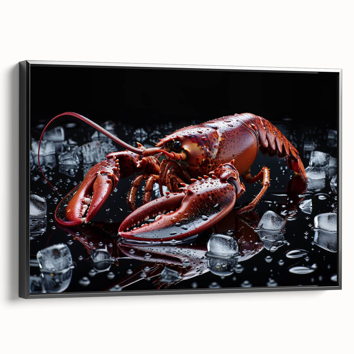 Framed wall art depicting a vibrant lobster design, showcasing intricate details and colors against a black background, perfect for marine-themed decor.