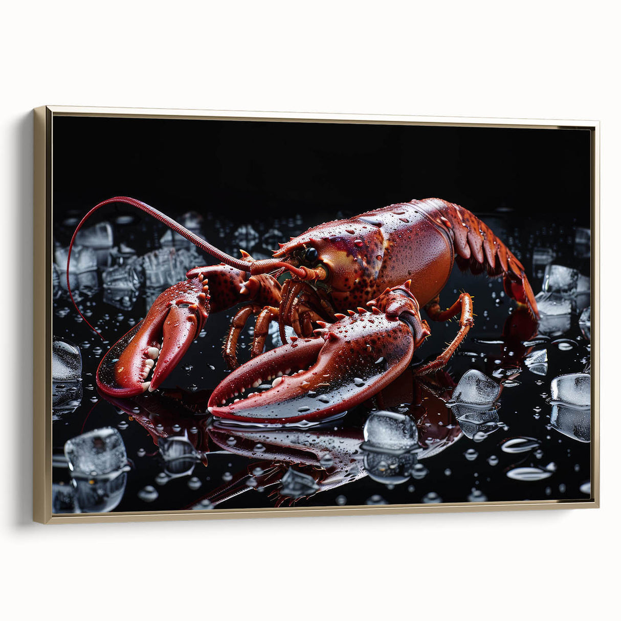 Framed wall art featuring a vibrant lobster design in rich colors, showcasing intricate details, ideal for marine-themed decor. Perfect for coastal homes.