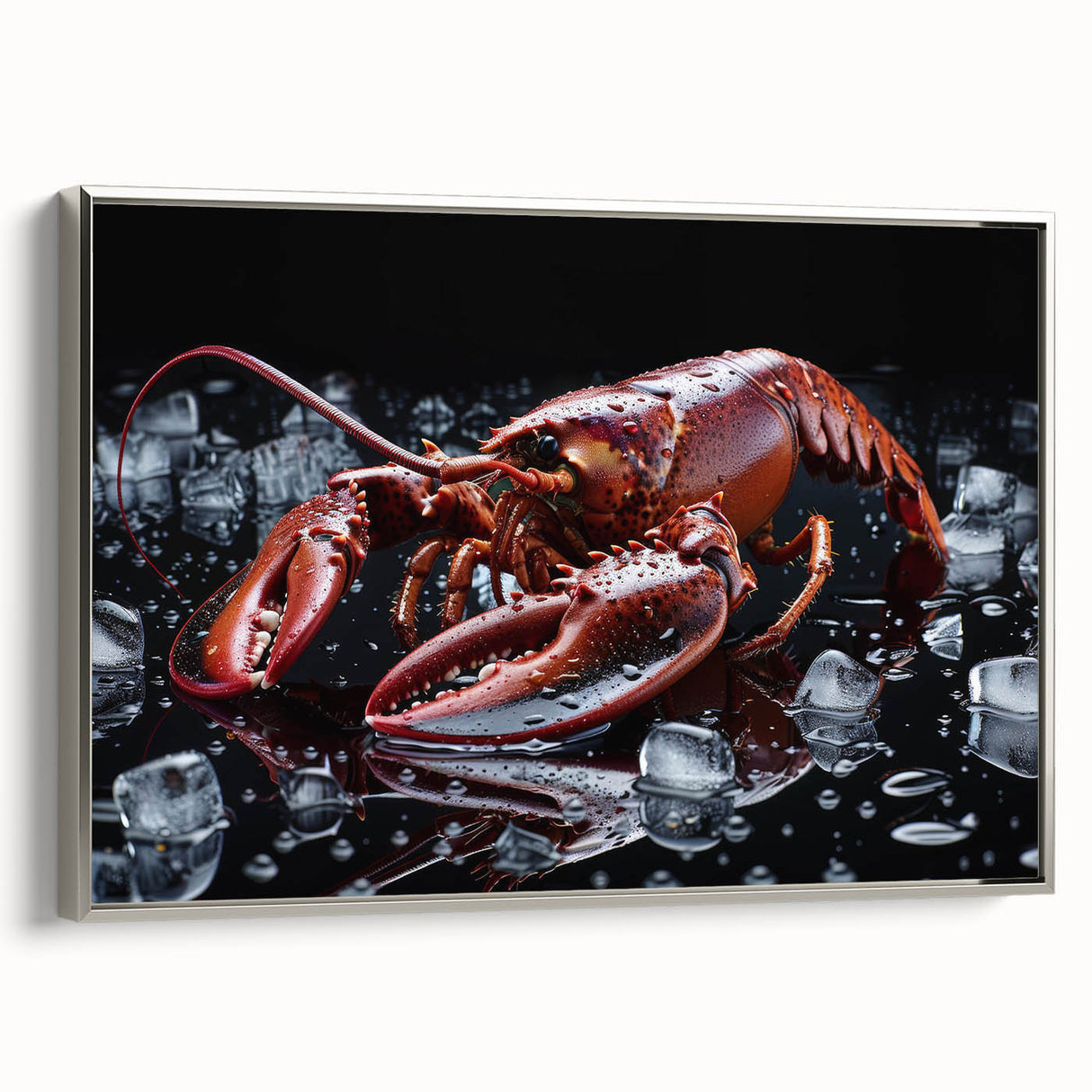 Framed wall art showcasing a detailed marine life design featuring a vibrant lobster, set against a silver background, perfect for ocean-themed decor.