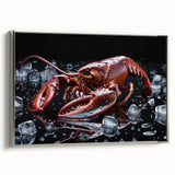 Framed wall art showcasing a detailed marine life design featuring a vibrant lobster, set against a silver background, perfect for ocean-themed decor.