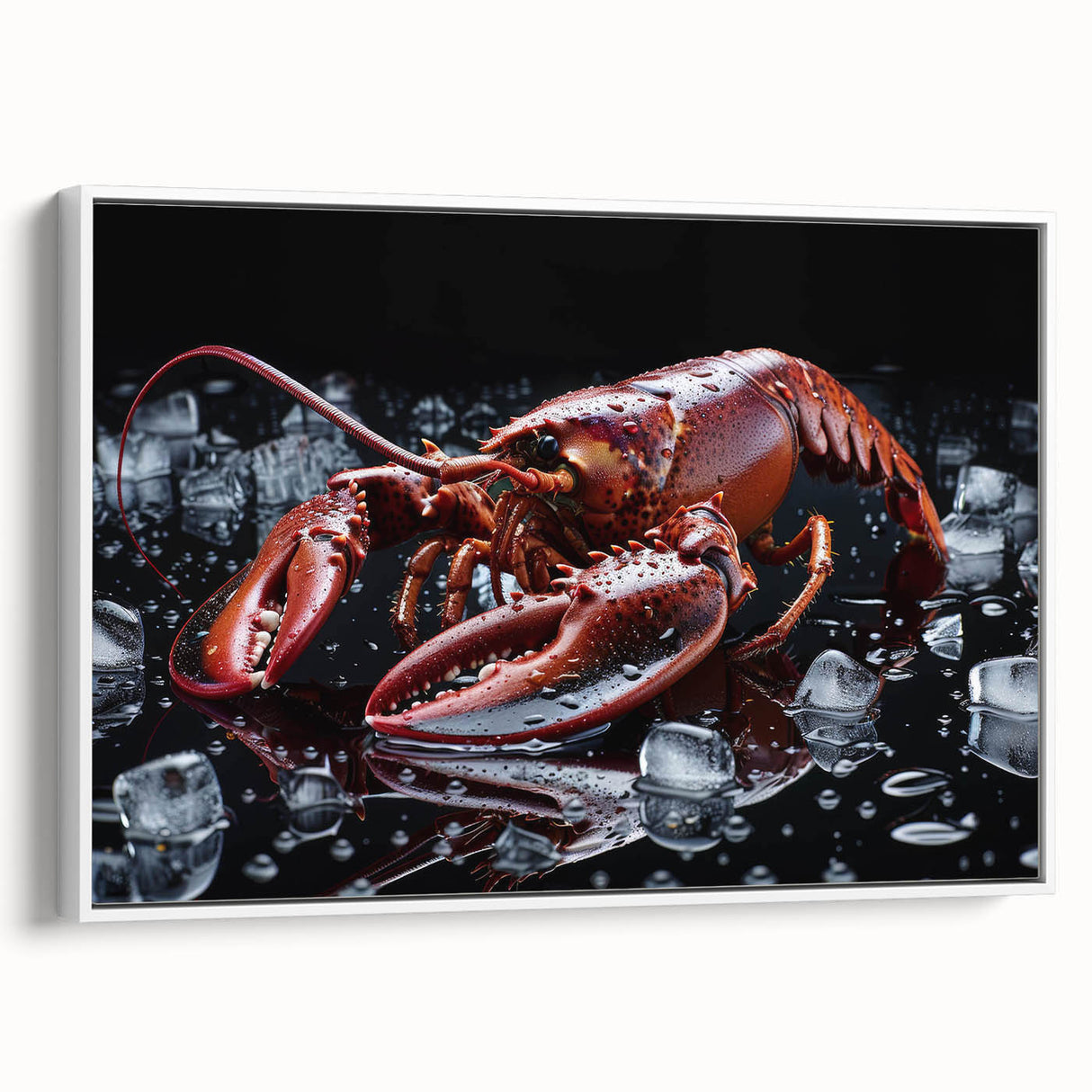 Framed canvas wall art showcasing a vibrant marine life lobster design, featuring intricate details and a white frame, ideal for coastal decor enthusiasts. Perfect for enhancing any living space with a touch of ocean-inspired elegance.
