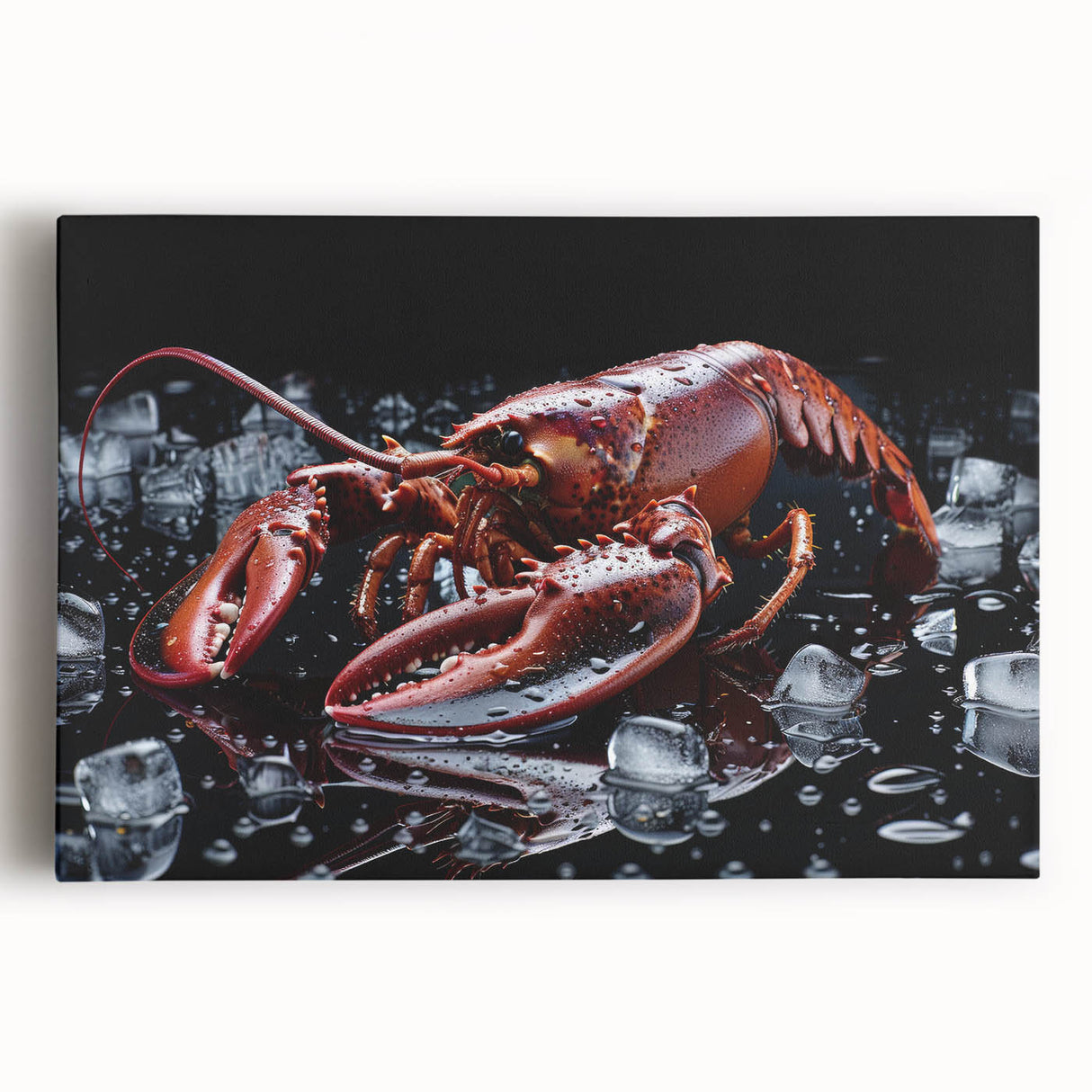 Vibrant lobster wall art design on stretched canvas, showcasing intricate marine life details with bold colors, ideal for ocean-themed decor and art lovers.