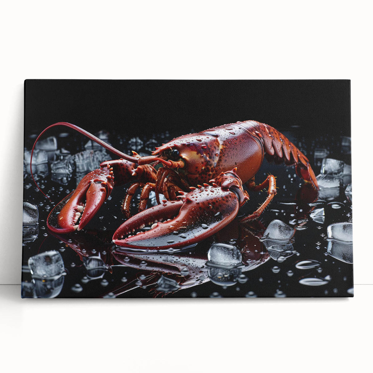 Vibrant stretched canvas wall art featuring a detailed lobster design, showcasing intricate marine life elements, perfect for coastal decor enthusiasts.