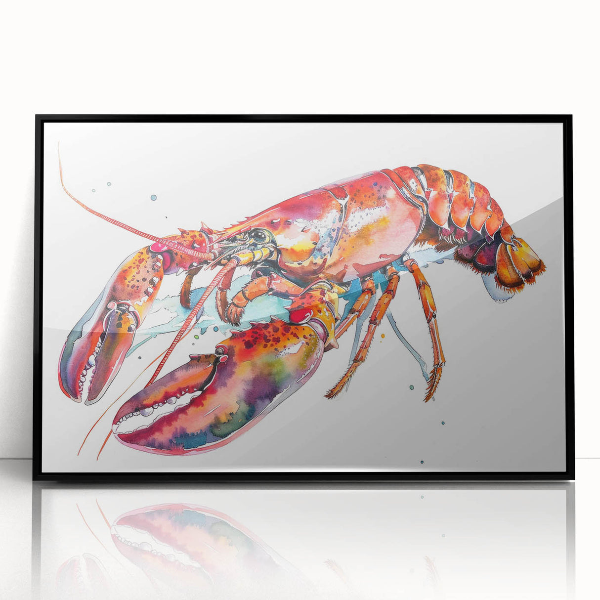 Framed wall art featuring a vibrant lobster design in shades of red and blue, set against a black background, perfect for marine life enthusiasts and coastal decor.