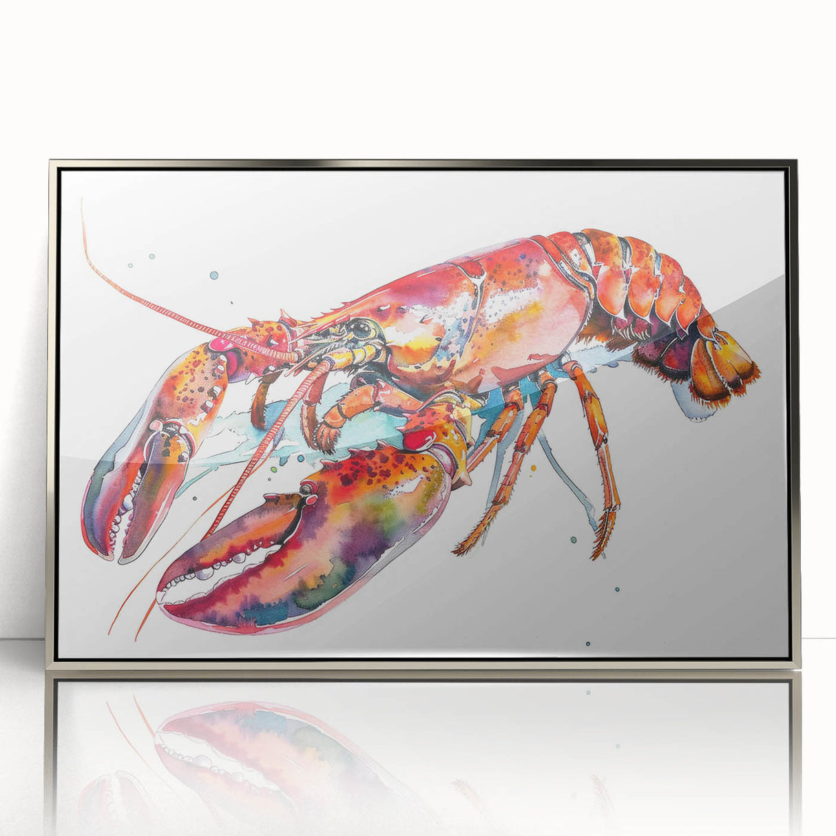 Framed wall art featuring a vibrant marine life lobster design, showcasing detailed colors and textures with a sleek silver frame, perfect for coastal decor.