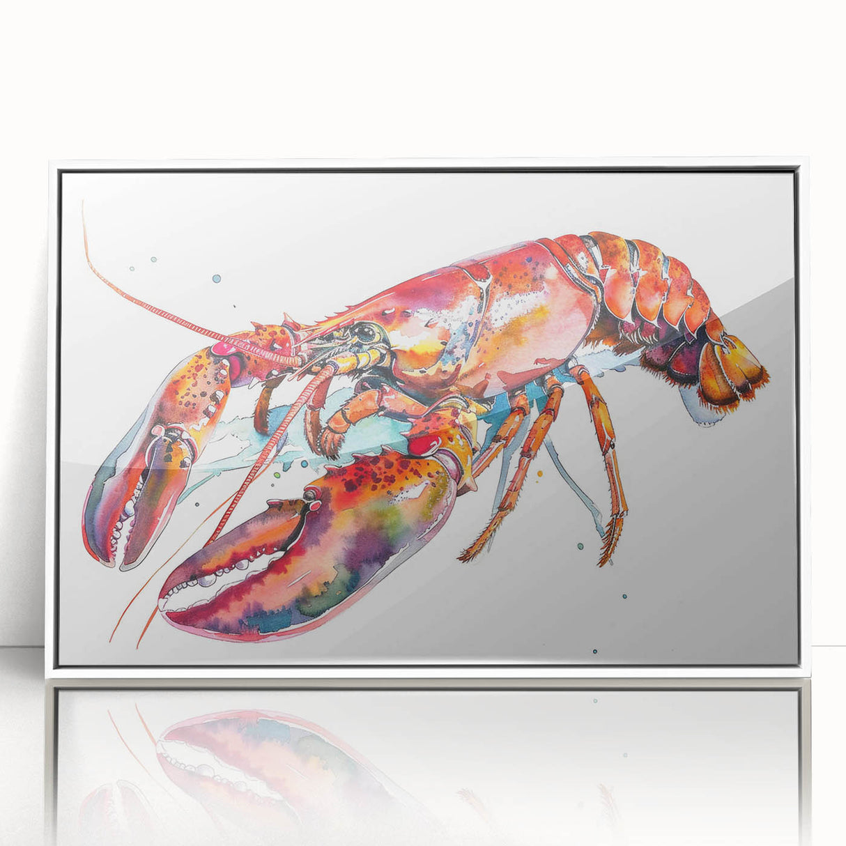 Framed wall art featuring a vibrant lobster design, showcasing intricate marine life details in bold colors against a clean white background, perfect for coastal decor.
