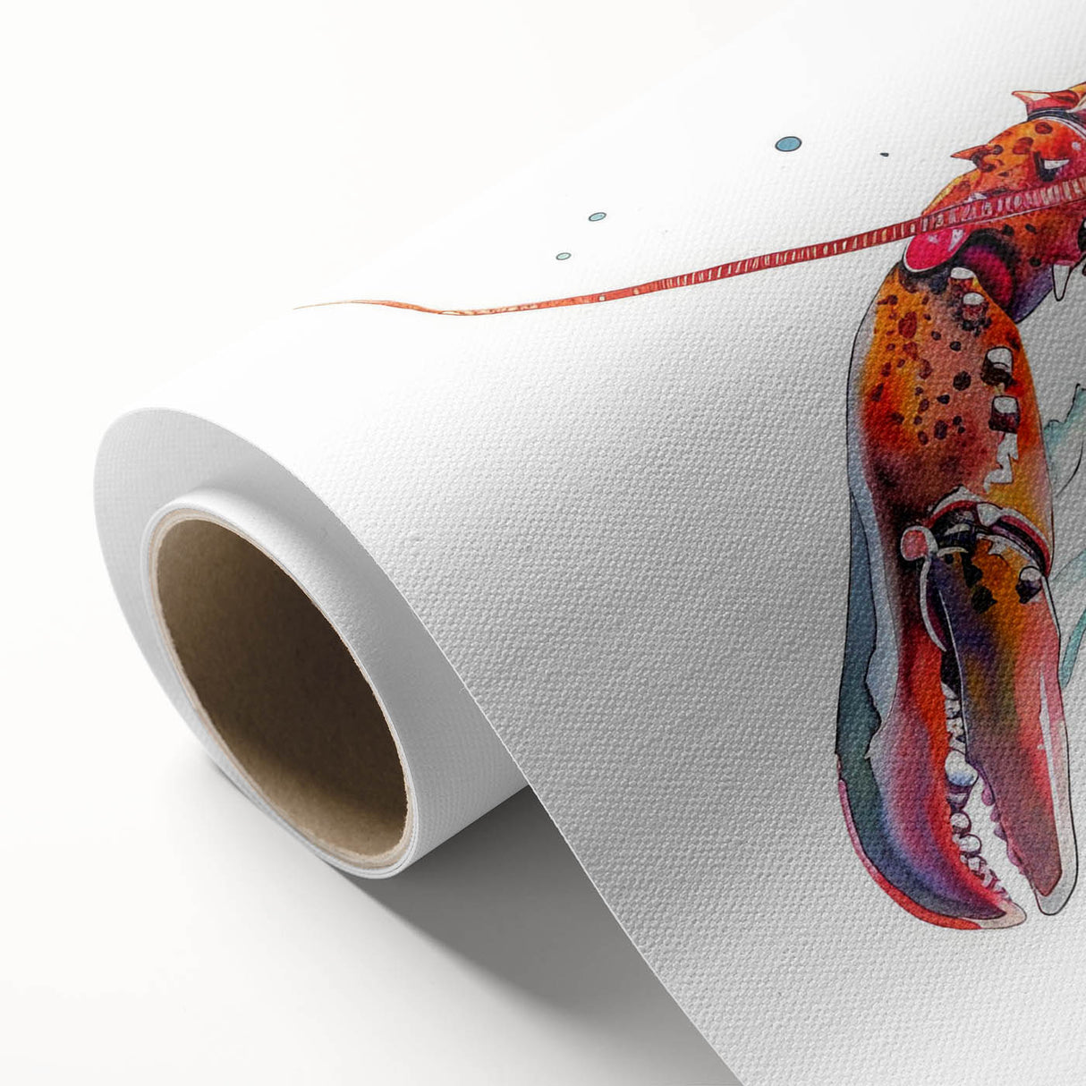 Vibrant rolled canvas print showcasing a detailed lobster design, highlighting marine life in rich colors, perfect for coastal-themed decor or art collection.