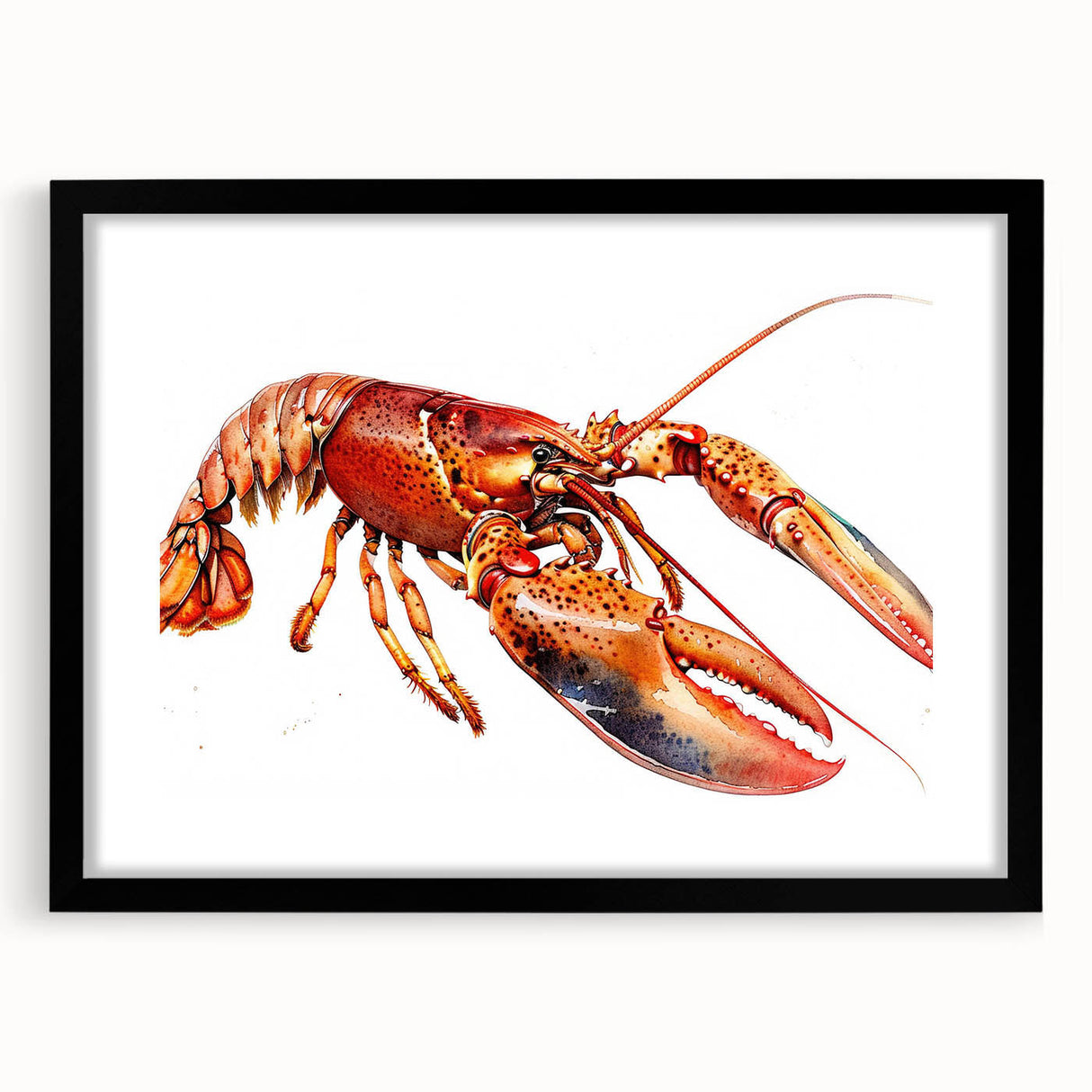 Framed wall art featuring a detailed lobster design with vibrant colors, set against a black mat, ideal for marine-themed decor in homes or offices.