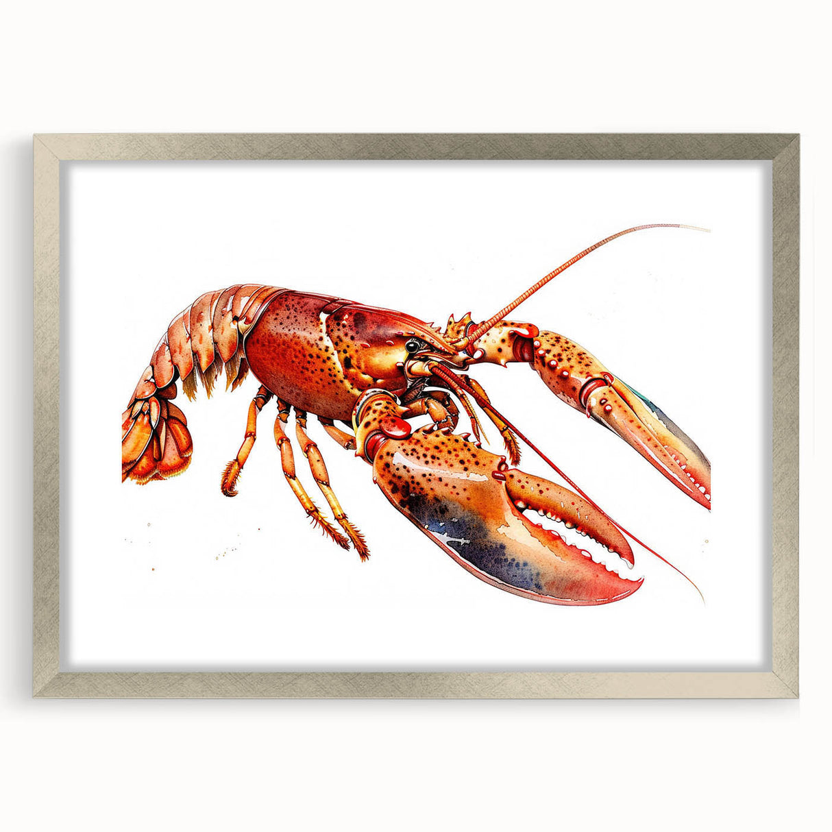 Framed wall art collection featuring a detailed lobster design, set in a sleek silver frame with a white mat, ideal for marine life enthusiasts and coastal decor.