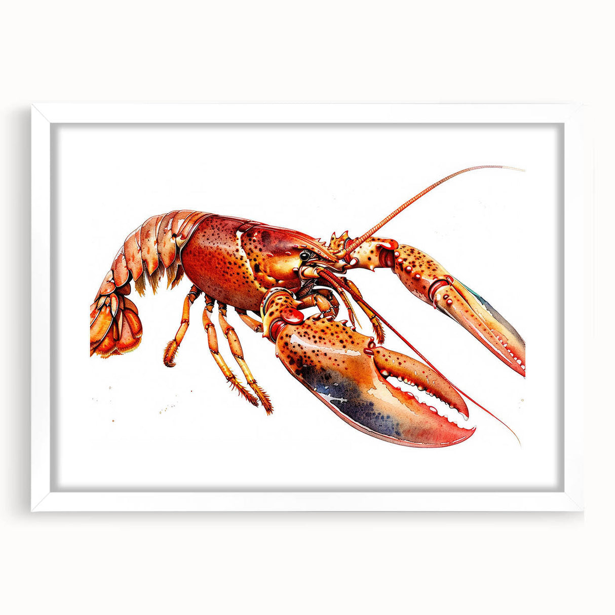 Framed wall art featuring a vibrant marine life design with a detailed lobster illustration, set against a white mat, ideal for ocean-themed decor.