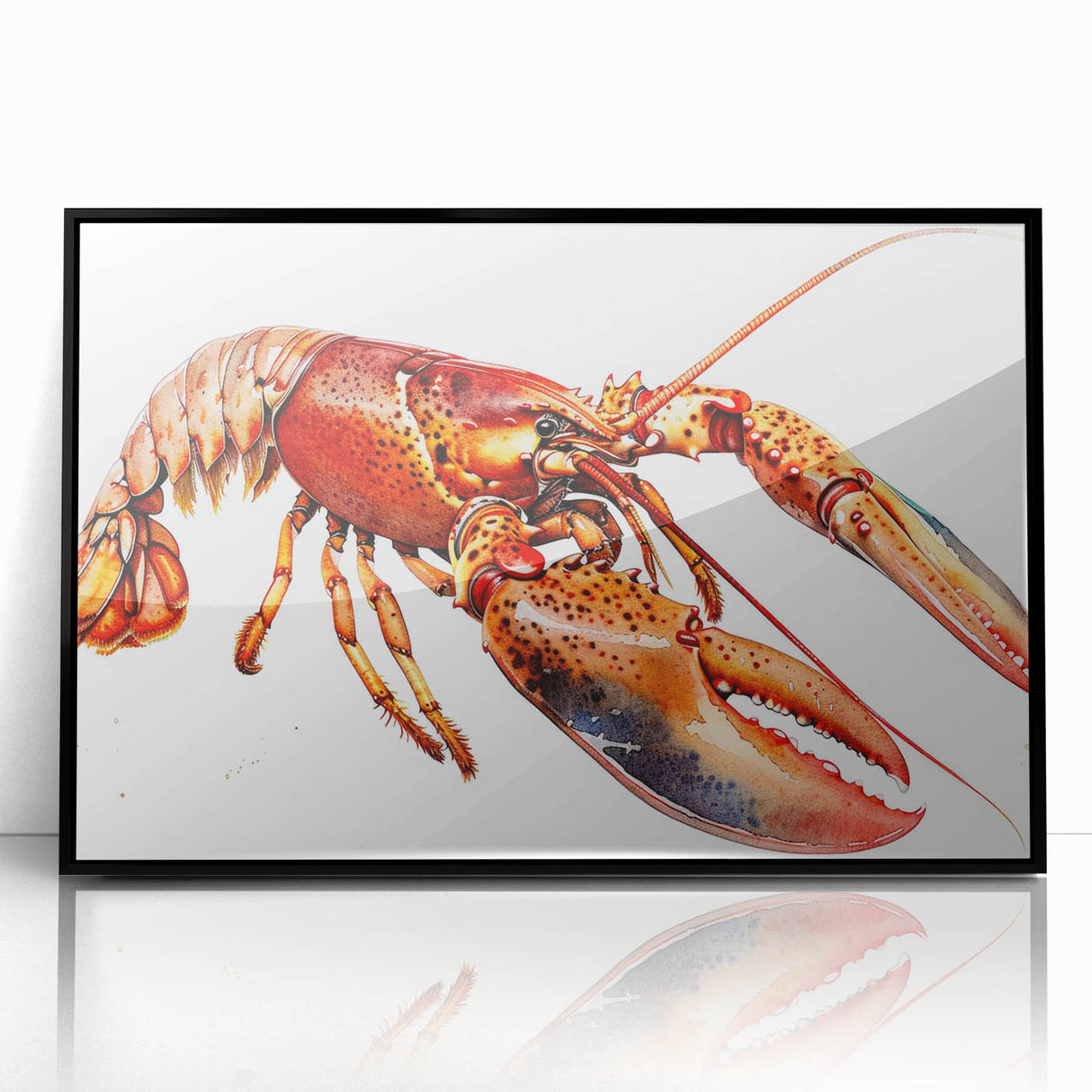 Framed acrylic wall art featuring a vibrant marine life lobster design with intricate details, set against a sleek black frame, perfect for ocean-themed decor.