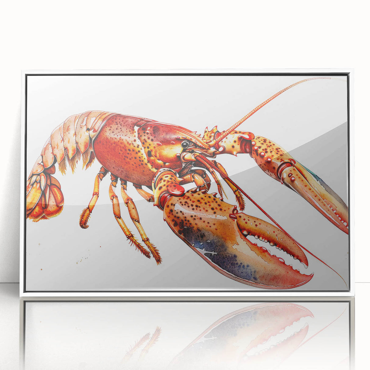 Framed wall art featuring a vibrant lobster design in marine life theme, showcasing intricate details and bright colors, perfect for ocean-inspired home decor.