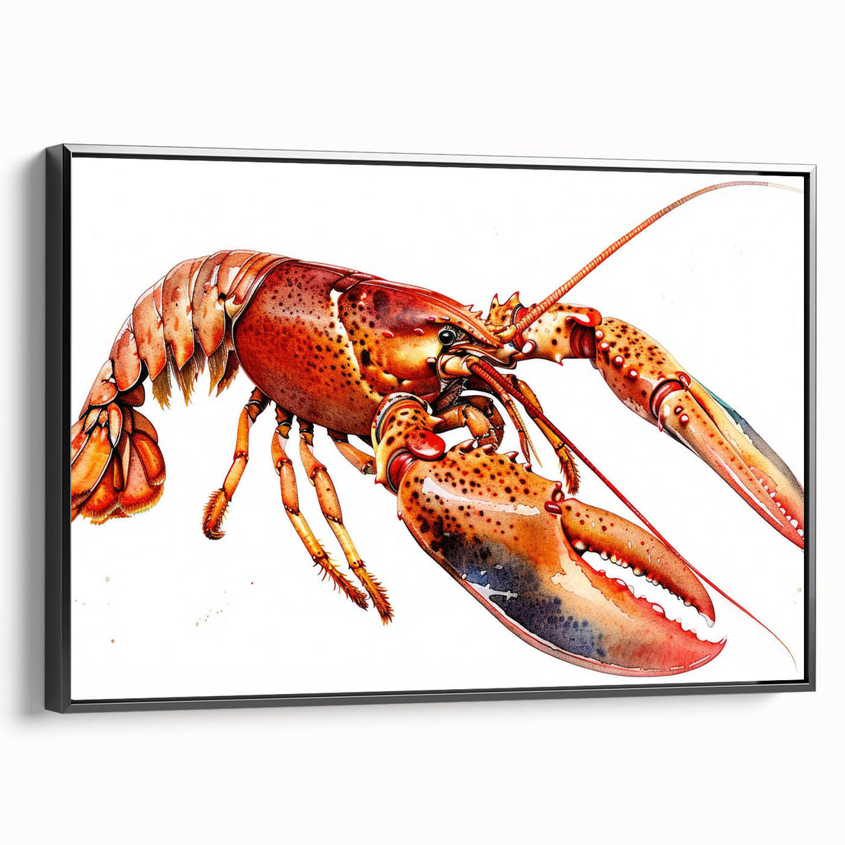 Framed canvas wall art showcasing a vibrant lobster design, featuring bold colors and intricate details, perfect for marine-themed decor. The artwork is displayed from a side view, highlighting its sleek black frame, ideal for adding a coastal touch to any room.