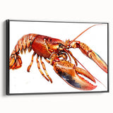 Framed canvas wall art showcasing a vibrant lobster design, featuring bold colors and intricate details, perfect for marine-themed decor. The artwork is displayed from a side view, highlighting its sleek black frame, ideal for adding a coastal touch to any room.