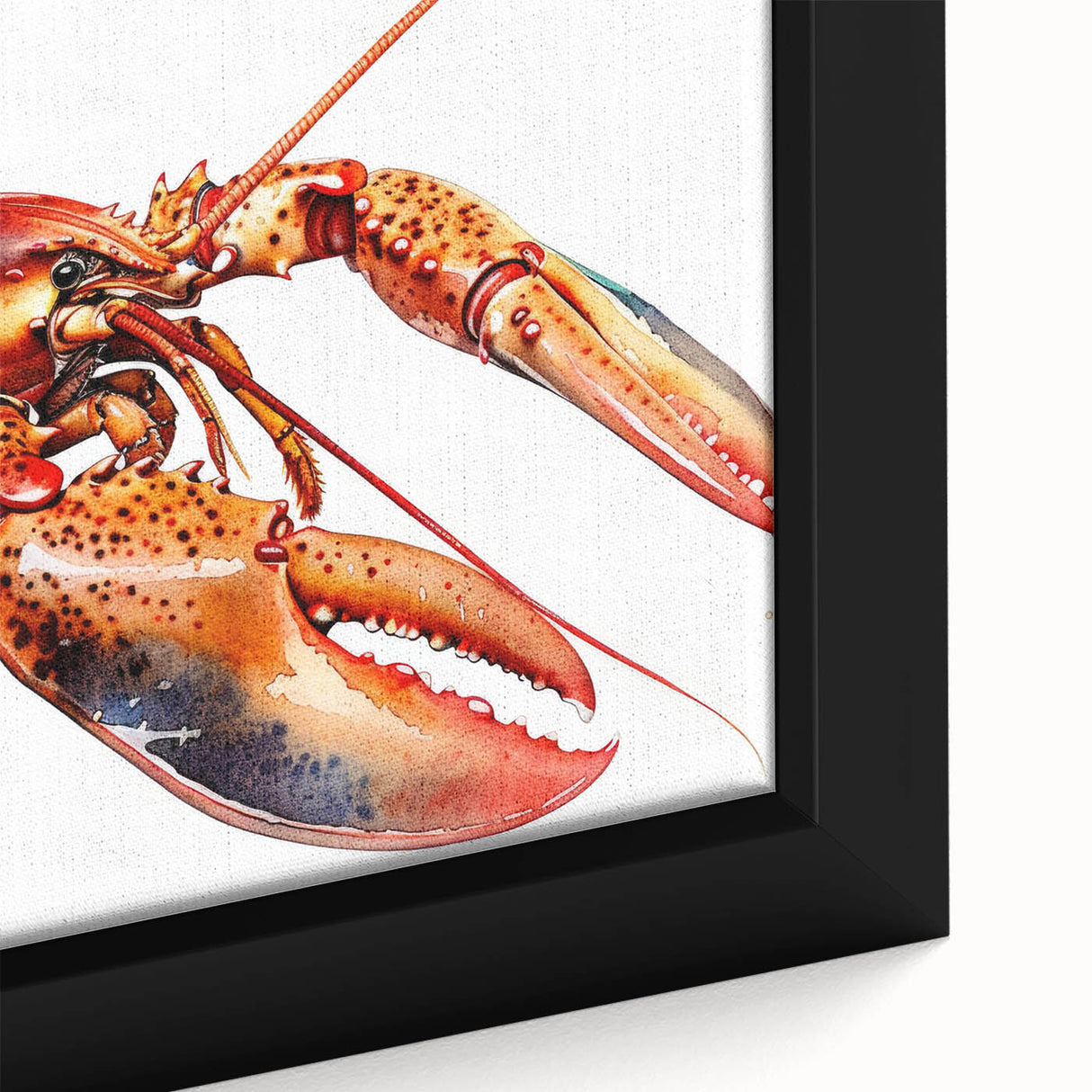Close-up of a vibrant framed canvas wall art piece showcasing a detailed lobster design, featuring rich colors and intricate textures, perfect for marine life enthusiasts.