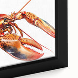 Close-up of a vibrant framed canvas wall art piece showcasing a detailed lobster design, featuring rich colors and intricate textures, perfect for marine life enthusiasts.
