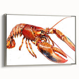 Framed wall art showcasing a vibrant lobster design in marine life theme, set against a silver background, ideal for coastal decor and seafood lovers.