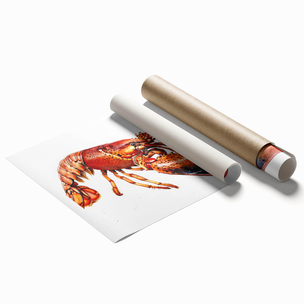 Vibrant lobster-themed wall art print showcasing intricate marine life design in vivid colors, rolled for easy display and shipping, perfect for ocean enthusiasts.