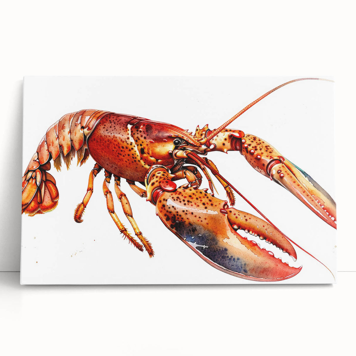 Vibrant marine life wall art featuring a colorful lobster design printed on stretched canvas, perfect for coastal-themed decor and enhancing ocean-inspired spaces.