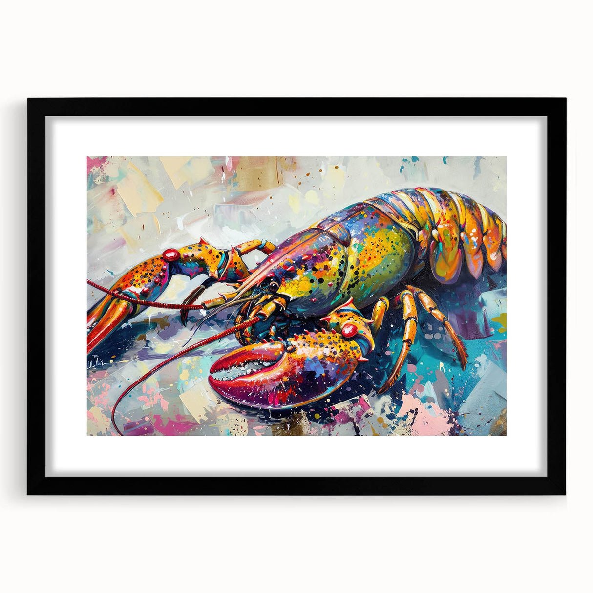 Framed wall art featuring a striking lobster design in vibrant colors, set against a sleek black matte background, perfect for marine life enthusiasts.