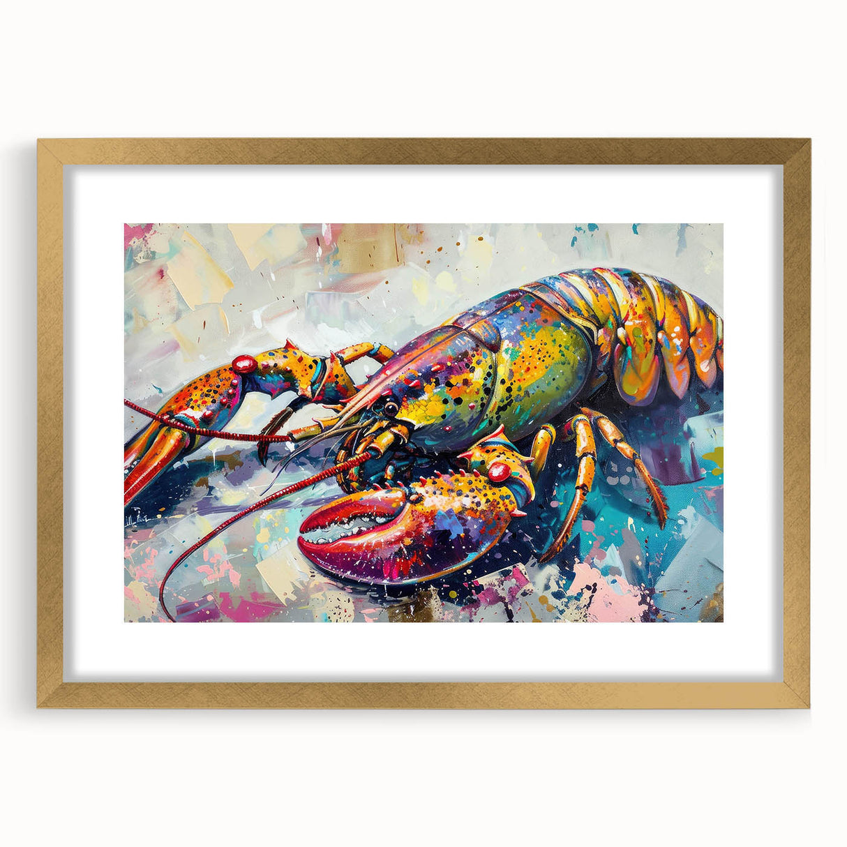 Lobster-themed wall art piece framed with a gold mat, showcasing intricate marine life design, perfect for coastal decor enthusiasts.