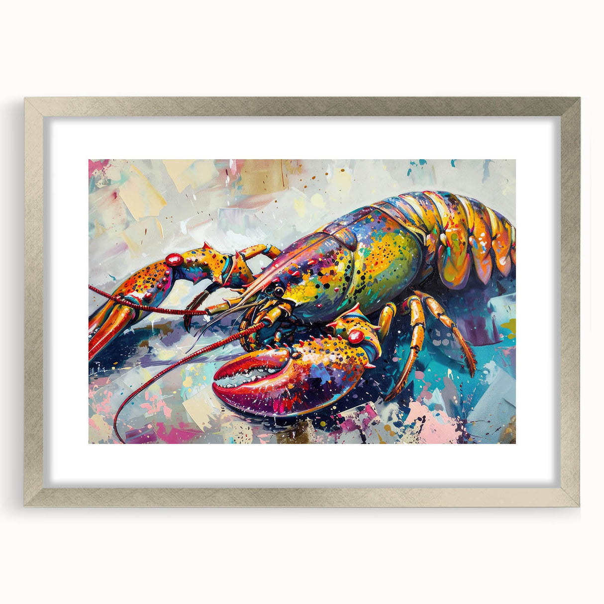 Framed marine life wall art featuring a vibrant lobster design, set in a sleek silver frame with a white mat, perfect for coastal decor enthusiasts.