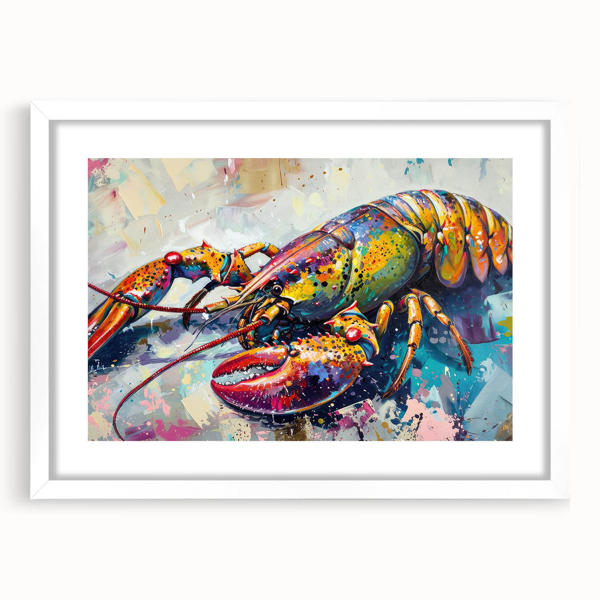 Framed wall art featuring a vibrant lobster design in a coastal marine life theme, showcased with a white mat, perfect for ocean-inspired decor.
