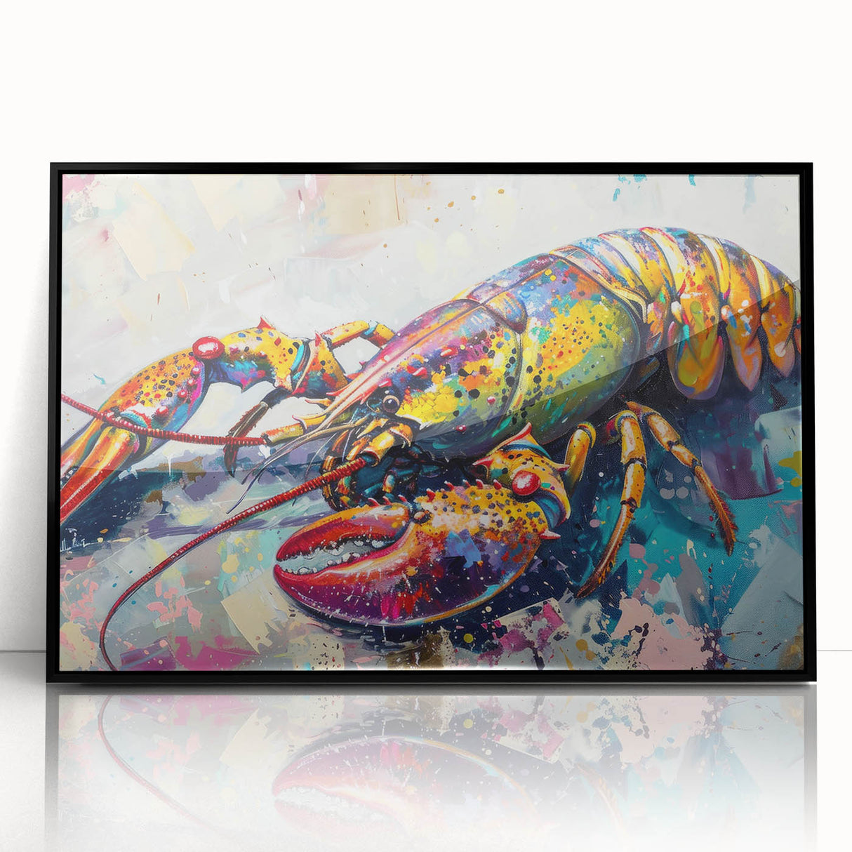 Framed wall art featuring a vibrant lobster design, set against a sleek black background, perfect for marine life enthusiasts and coastal decor lovers.